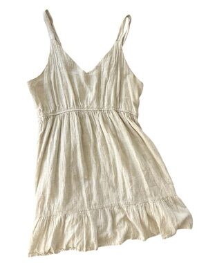 Sim & Sam Linen Blend Dress XL Cream Smocked Back V-Neck Ruffle Hem Tiered